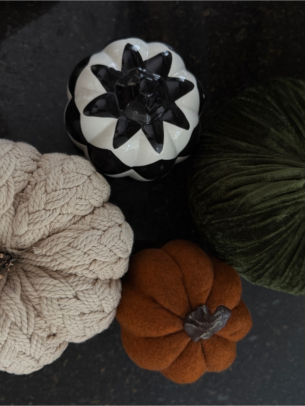 Decorative Plush and Ceramic Pumpkin Set - Black, White, Cream, Green, Brown